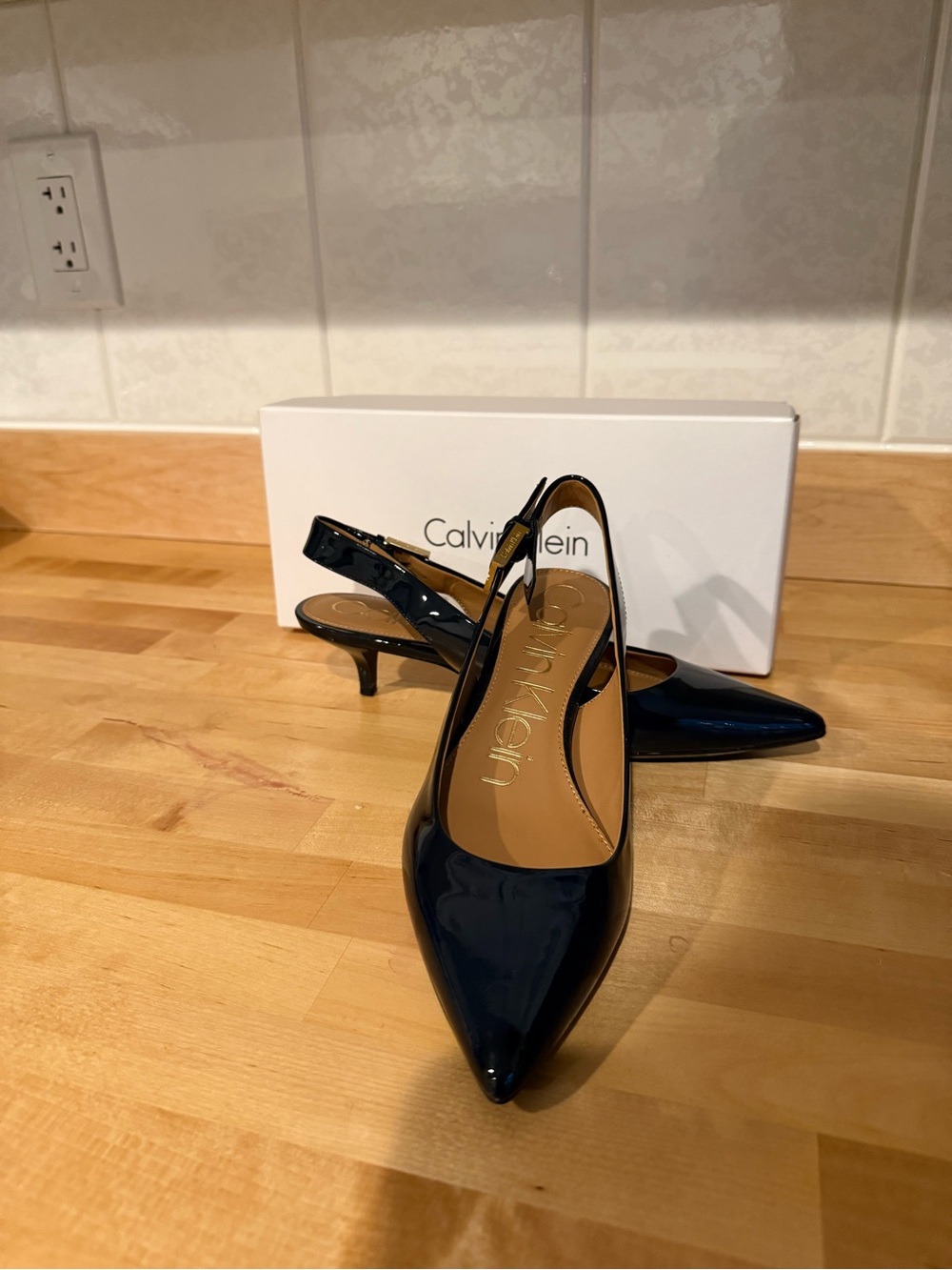 Calvin Klein Navy Patent Pointed Slingback Kitten Heels